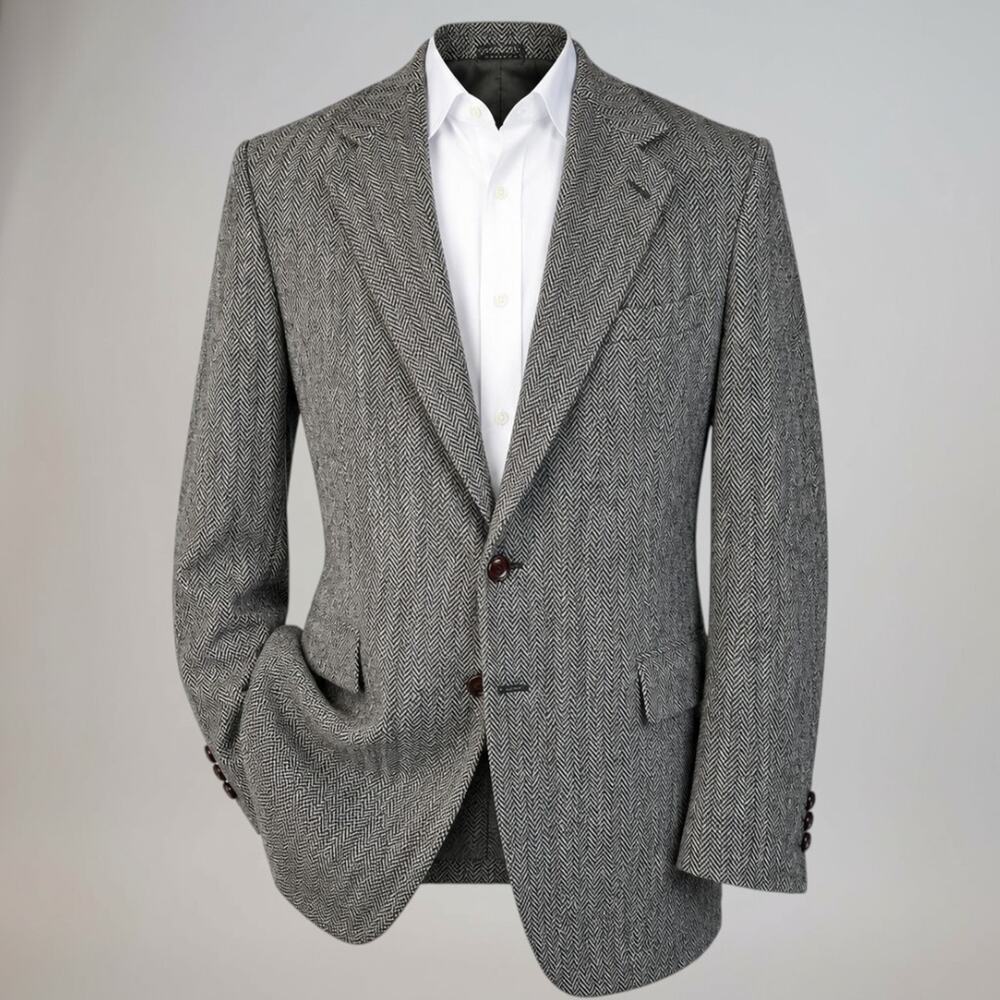 Vintage Tweed Herringbone Robert Stack 42L Gray Wool Sport Coat - Picture 2 of 16